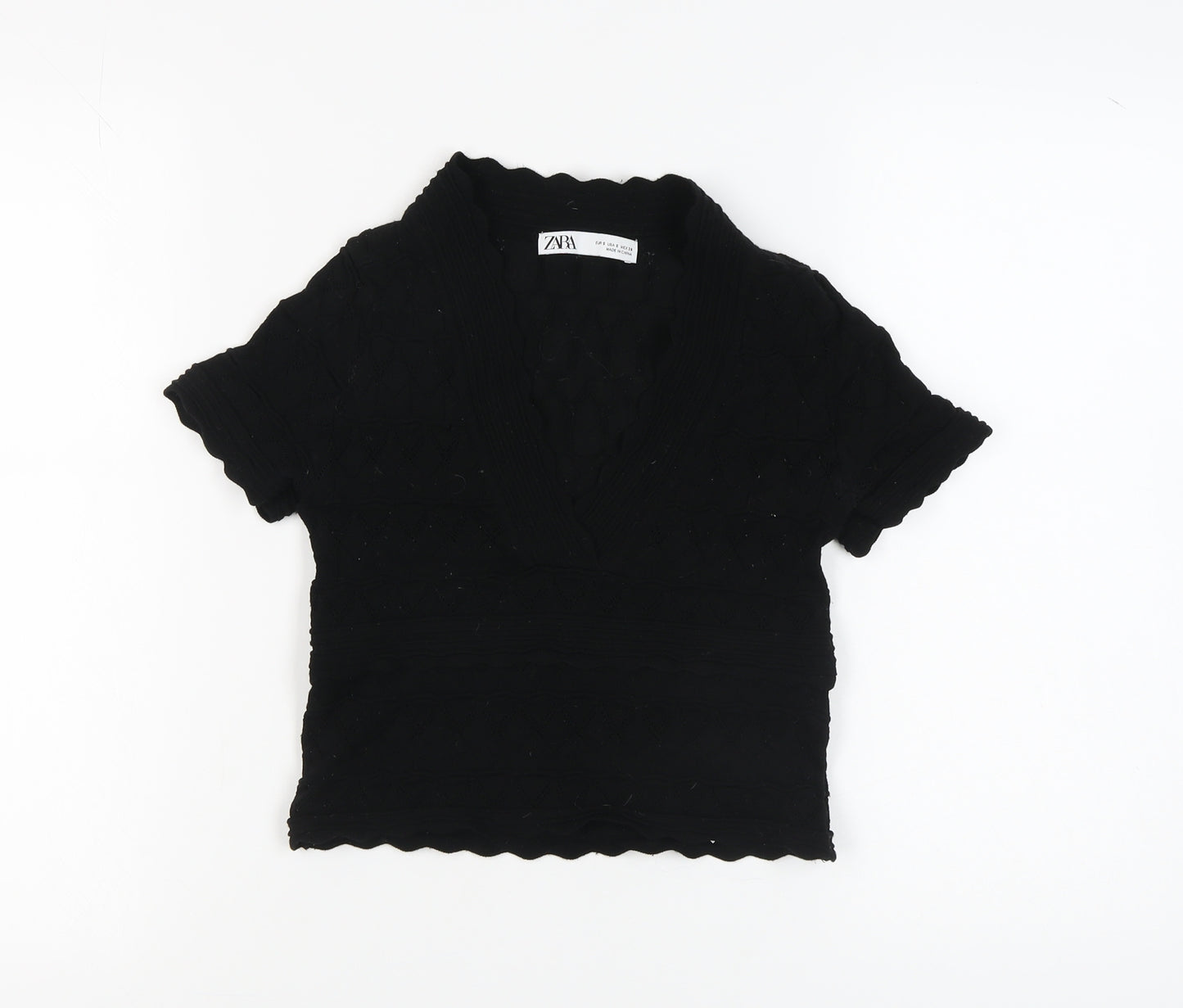 Zara Women's Black V-Neck Short Sleeve Knit Top Size 8