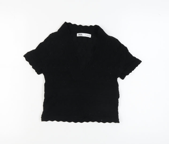 Zara Women's Black V-Neck Short Sleeve Knit Top Size 8