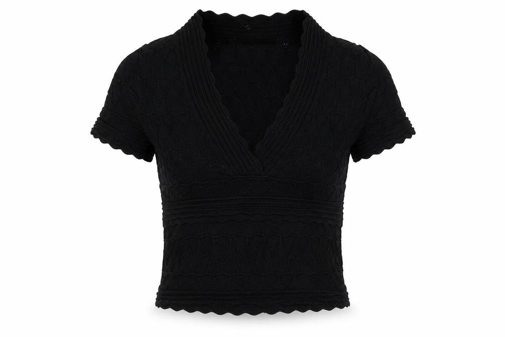 Front view of Zara Women's Black V-Neck Short Sleeve Knit Top, size 8