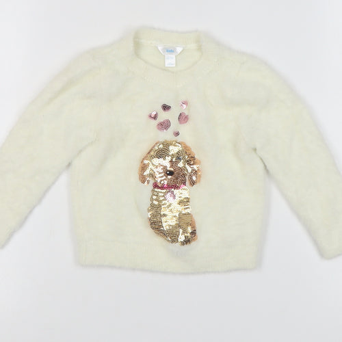 M&Co Girls Ivory Sequin Dog Pullover Jumper 2-3 Years