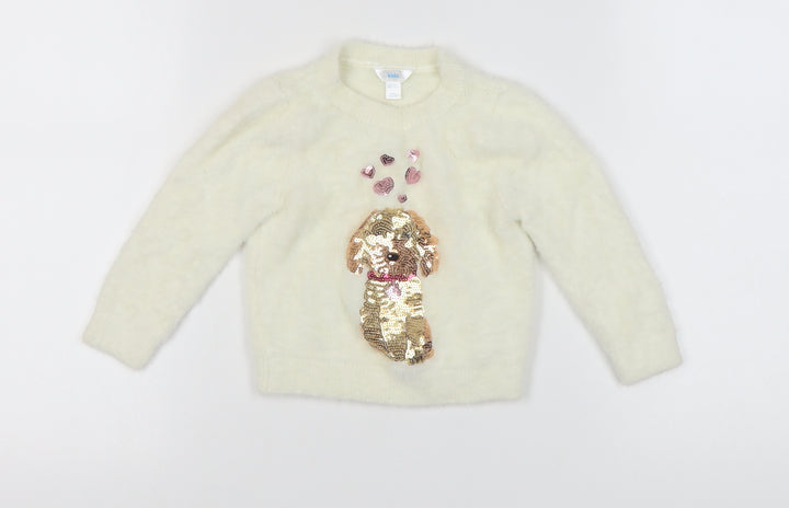 M&Co Girls Ivory Sequin Dog Pullover Jumper 2-3 Years