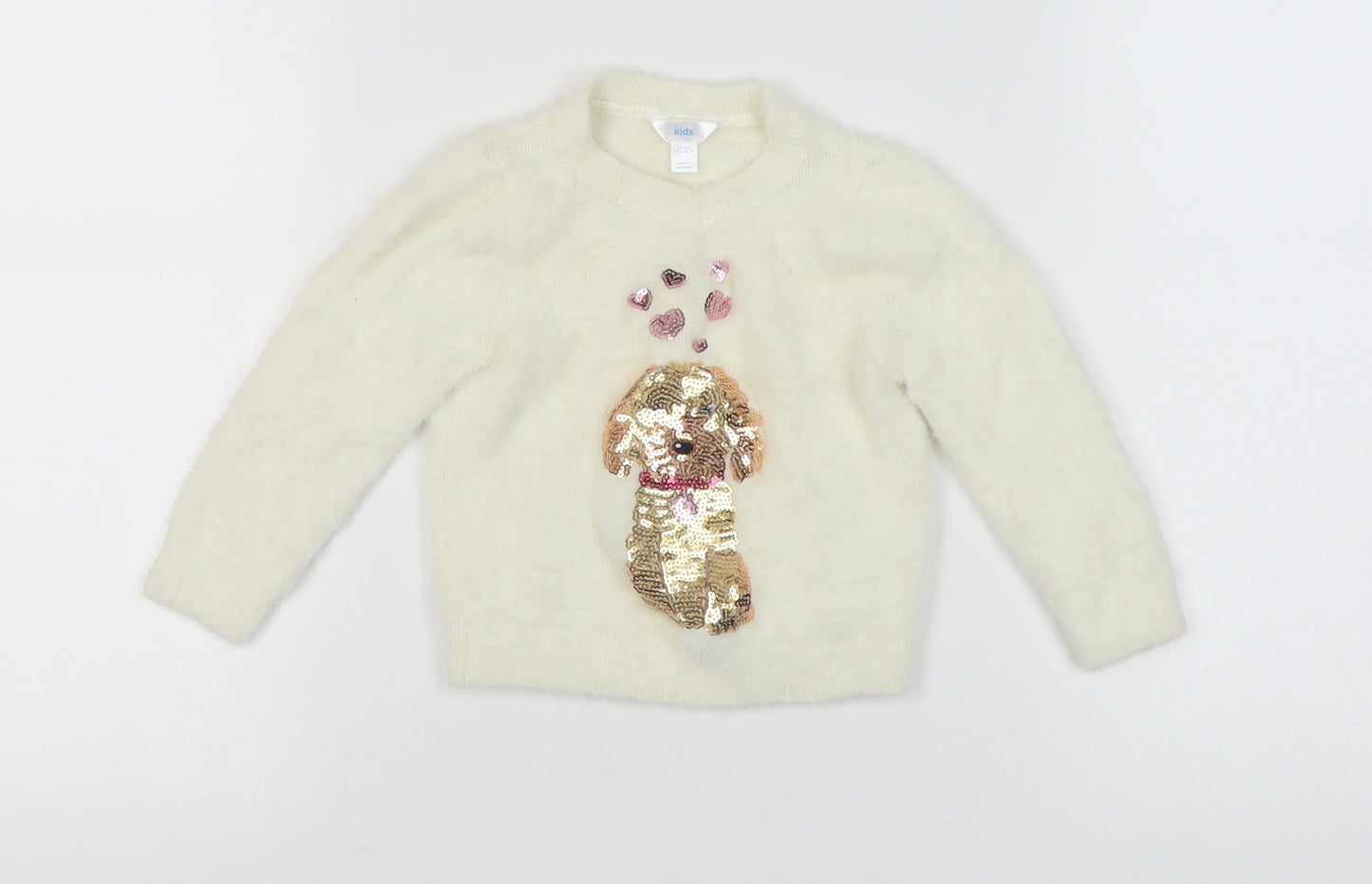 M&Co Girls Ivory Sequin Dog Pullover Jumper 2-3 Years