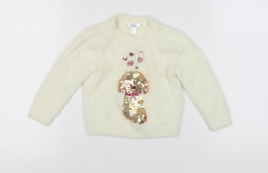 M&Co Girls Ivory Sequin Dog Pullover Jumper 2-3 Years