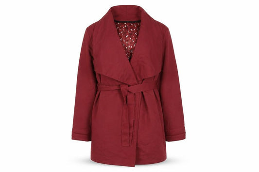 Front view of H&M Women's Red Belted Mid-Length Coat, size 10