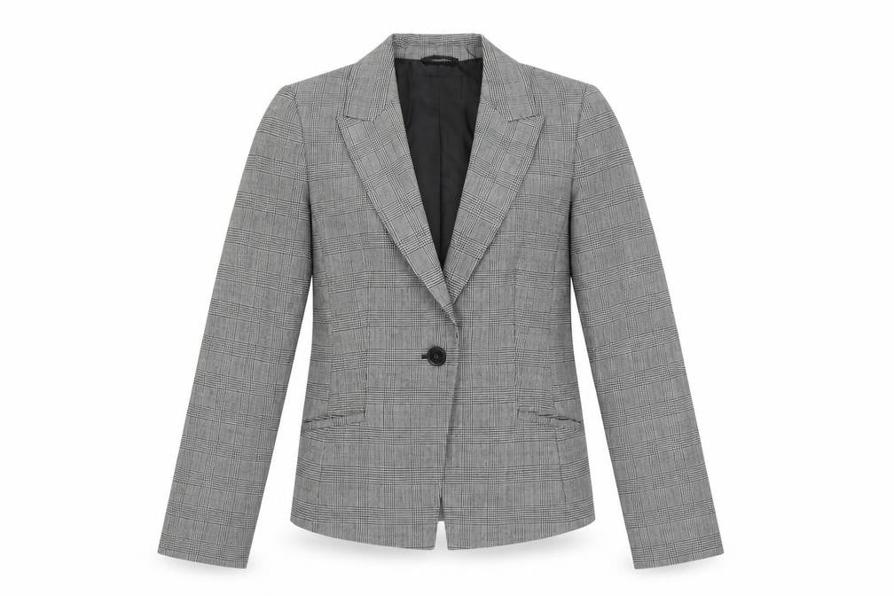 Front view of Jaeger Women's Grey Check Wool Blazer, UK 12