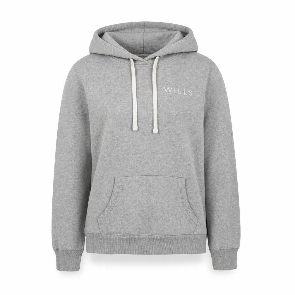 Front view of Jack Wills Grey Pullover Hoodie, unisex, size 4, logo accent