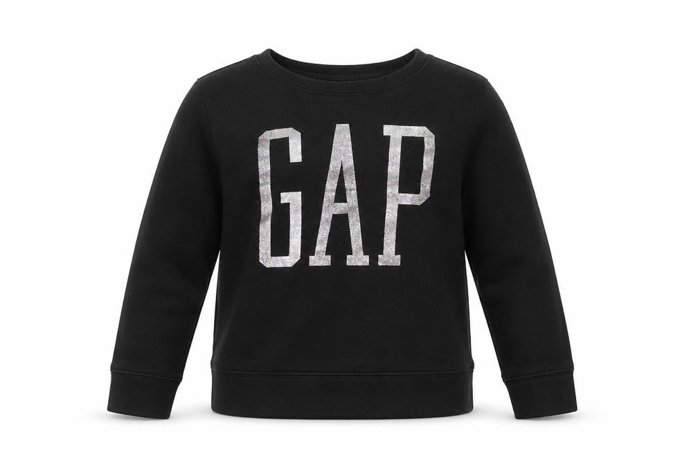Front view of Gap girls’ black pullover sweatshirt, size 14y, logo accent
