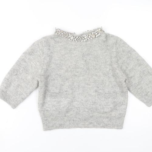Zara Women Grey Jumper, Size S, Embroidered Accent