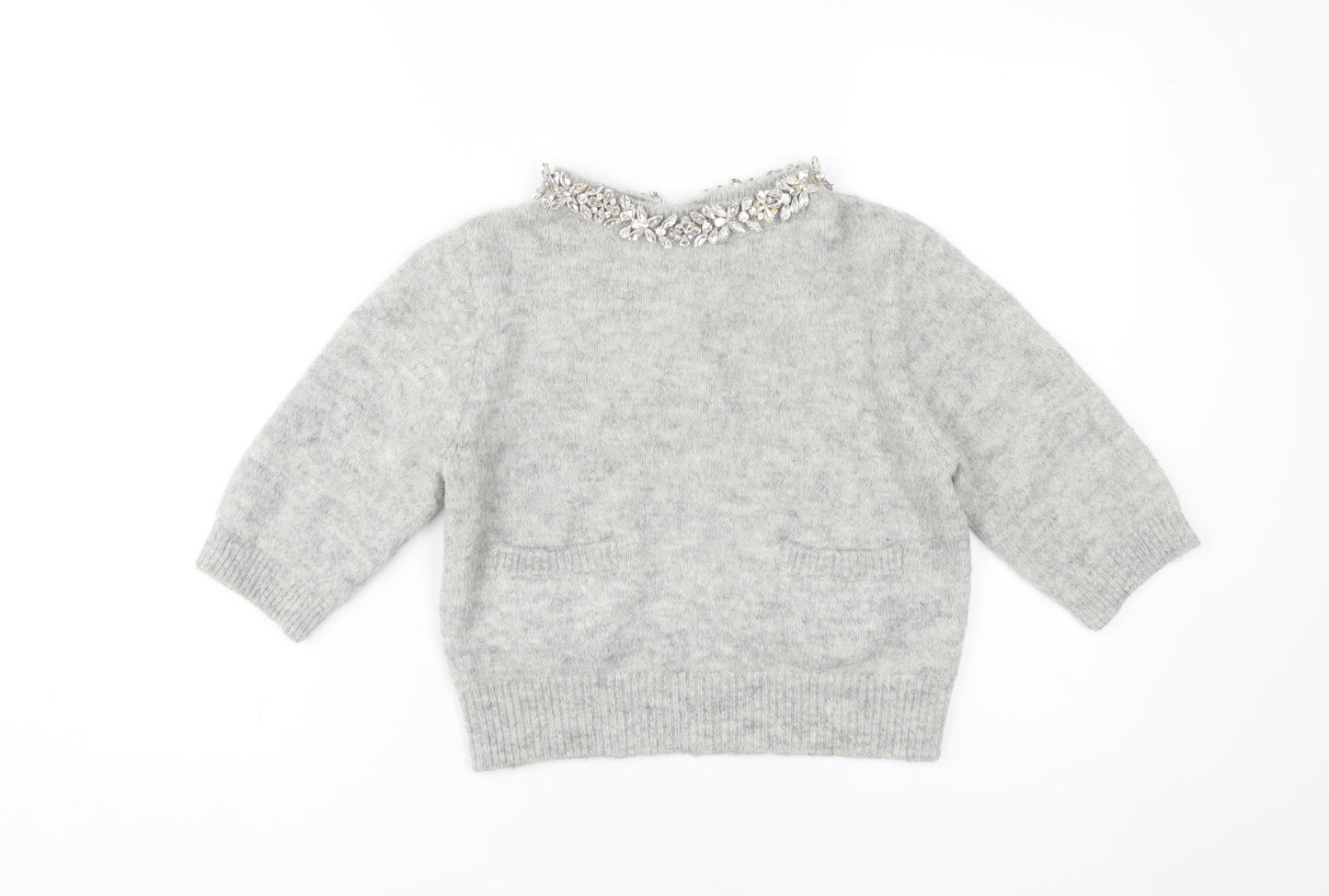 Zara Women Grey Jumper, Size S, Embroidered Accent