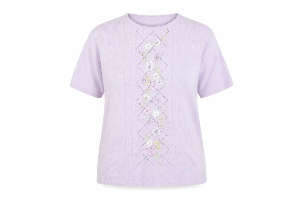 Front view of Berkertex Women's Purple Short Sleeve Knit Top