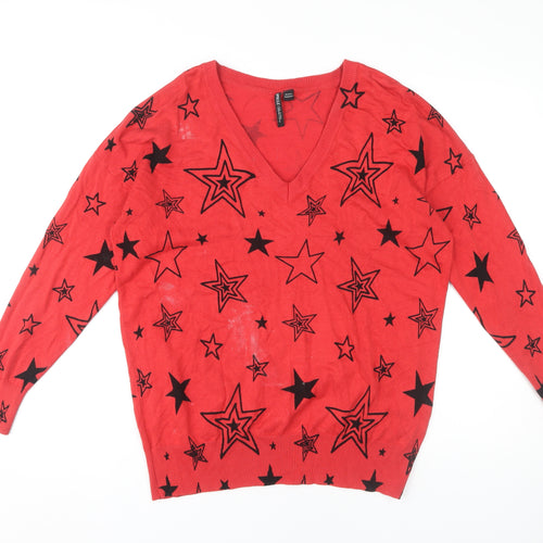 Capsule Women's Red Star Print V-Neck Pullover Jumper Size 16