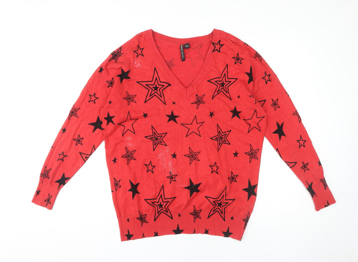 Capsule Women's Red Star Print V-Neck Pullover Jumper Size 16