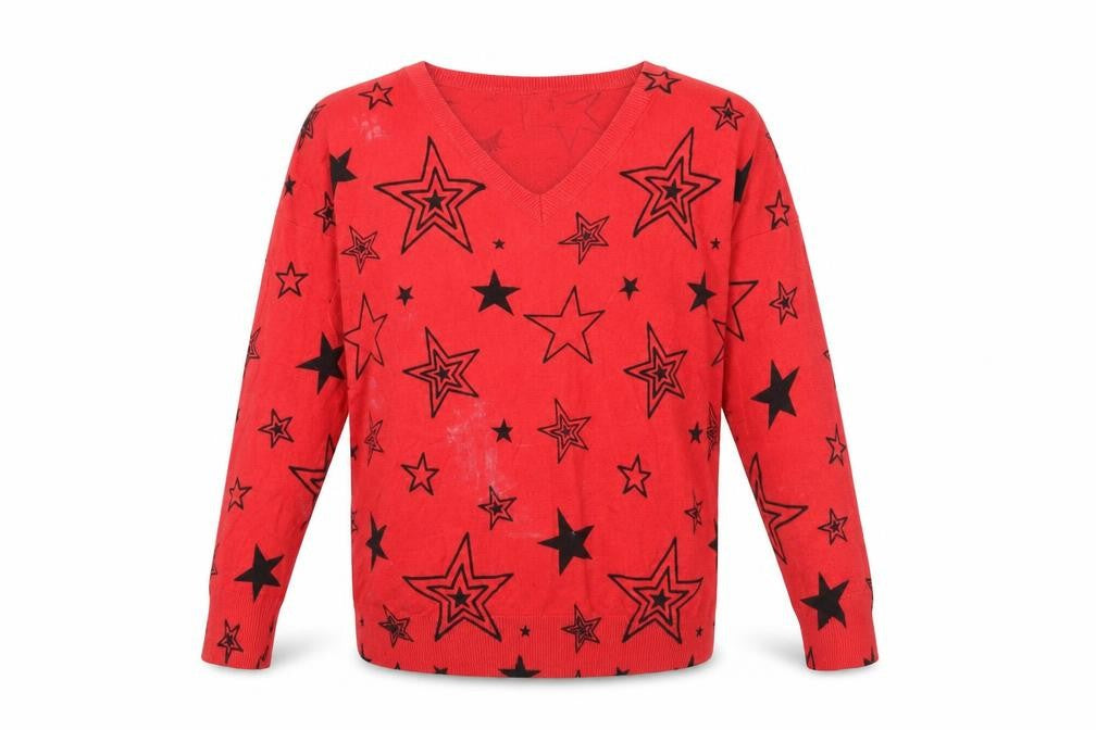 Front view of Capsule Women's Red Star Print V-Neck jumper, size 16