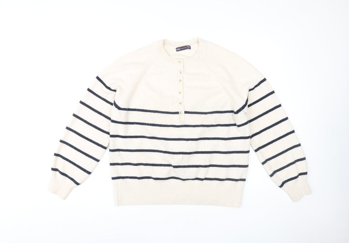 Marks and Spencer Women's Ivory Striped Henley Jumper M