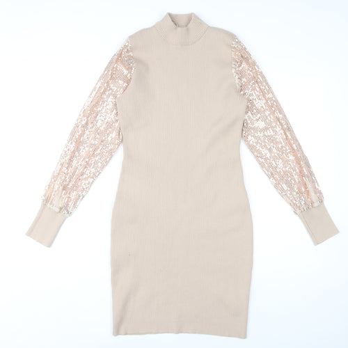 Quiz Beige Bodycon Dress Women's S High Neck Sequin Sleeve