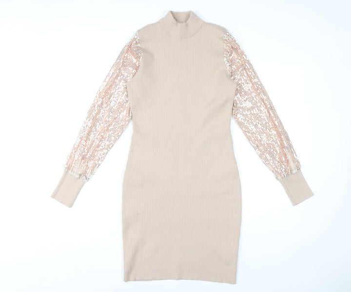 Quiz Beige Bodycon Dress Women's S High Neck Sequin Sleeve