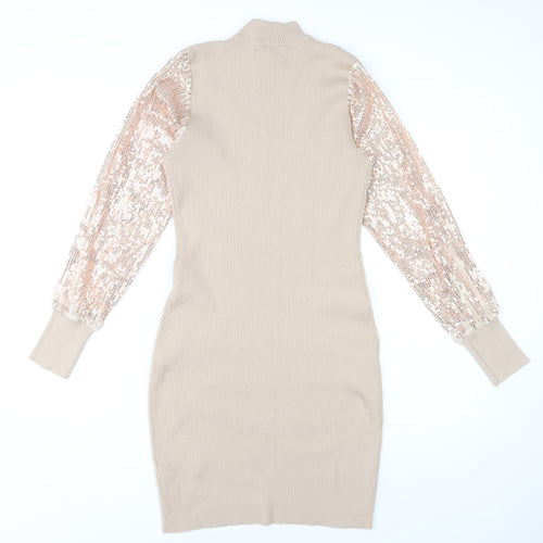 Quiz Beige Bodycon Dress Women's S High Neck Sequin Sleeve