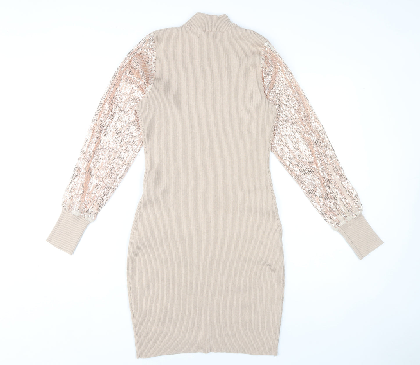 Quiz Beige Bodycon Dress Women's S High Neck Sequin Sleeve