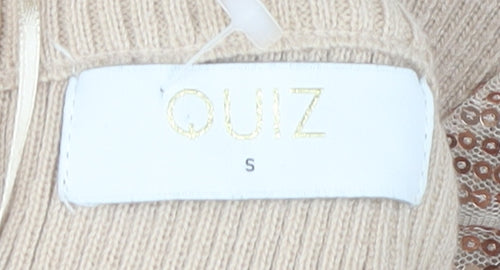 Quiz Beige Bodycon Dress Women's S High Neck Sequin Sleeve