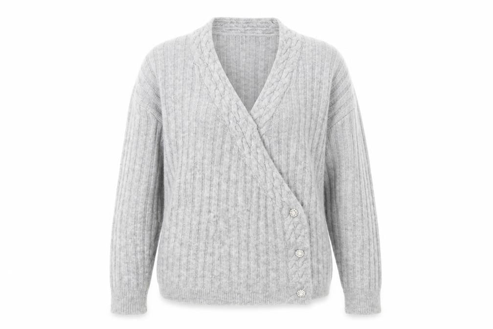 Front view of Next Women's Grey L V-Neck Cardigan - Casual & Cozy