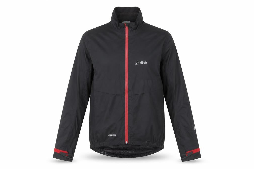 Front view of dhb Women's Black Rain Jacket, size 10, Waterproof Windbreaker