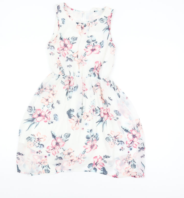 H&M Girls White Floral A-Line Dress 10-11 Years Knee Length