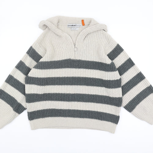 Pull&Bear Grey Striped Chunky-Knit Unisex Jumper - L