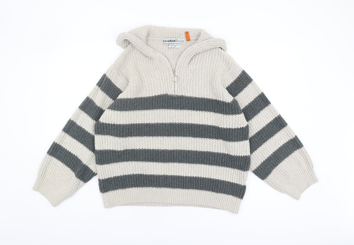 Pull&Bear Grey Striped Chunky-Knit Unisex Jumper - L
