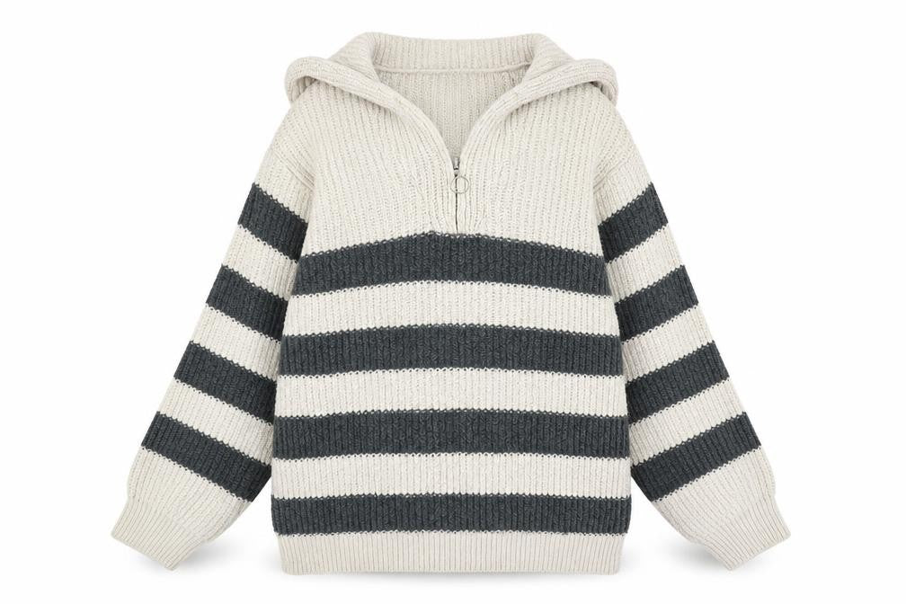 Front view of Pull&Bear Grey Striped Chunky-Knit unisex jumper - l