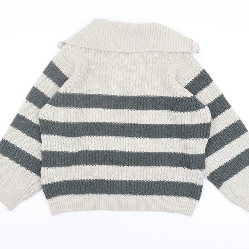 Pull&Bear Grey Striped Chunky-Knit Unisex Jumper - L