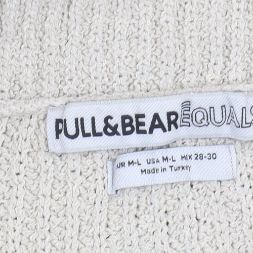 Pull&Bear Grey Striped Chunky-Knit Unisex Jumper - L