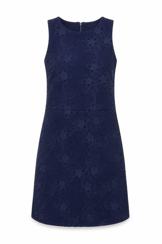 Front view of Warehouse Women's Blue Sleeveless Lace Dress, size 8