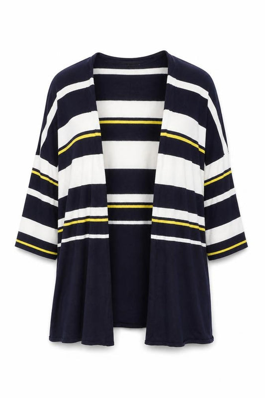 Front view of Warehouse Women's Blue Striped Open Front Cardigan, size 12