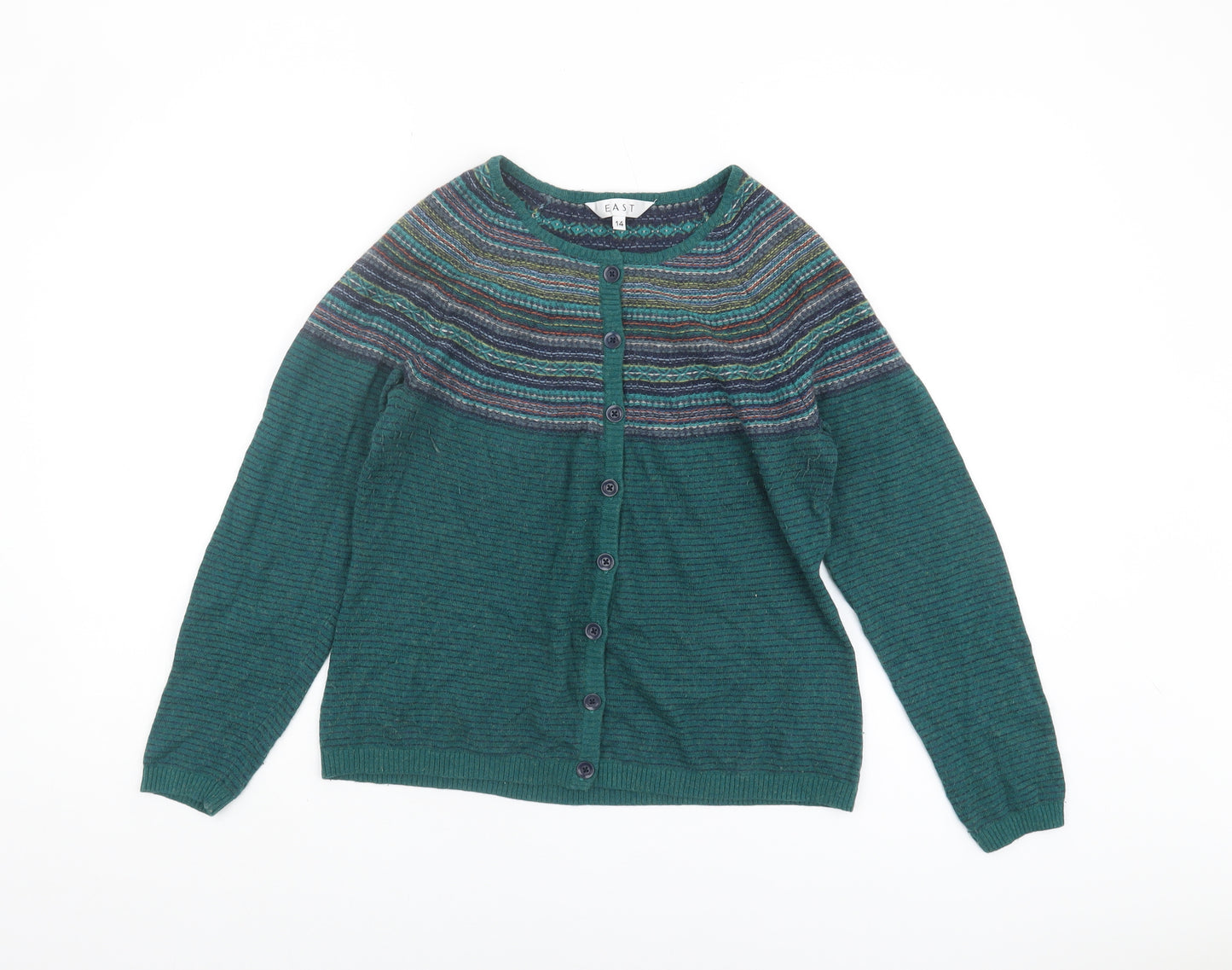 East Women's Green Striped Cardigan Size 14