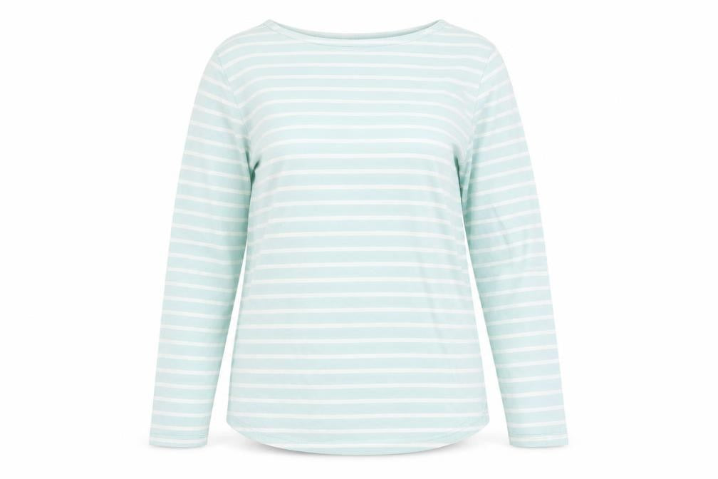 Front view of Lakeland Women's Blue Striped Basic T-Shirt, size S