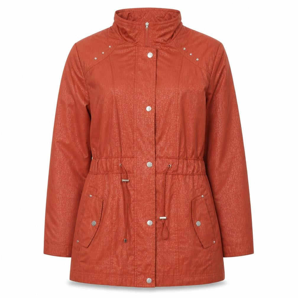 Front view of Isle Women's Red Parka Jacket, size 12, with Rhinestone