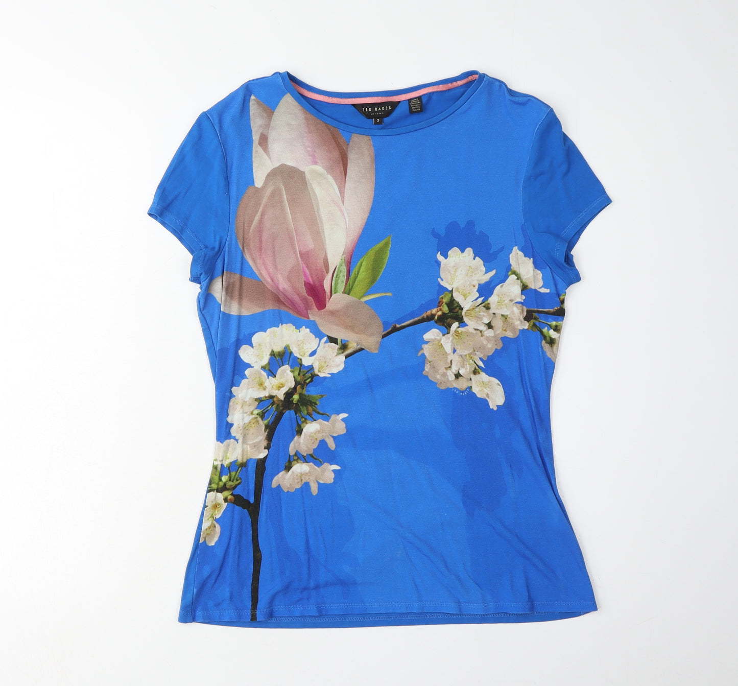 Ted Baker Women's Blue Floral T-Shirt, M, Round Neck, Spring