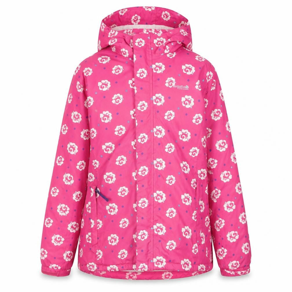 Front view of Regatta girls’' pink floral rain coat, size 14