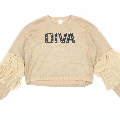 River Island Girls Beige Pullover Jumper 11-12 Years with Ruffles