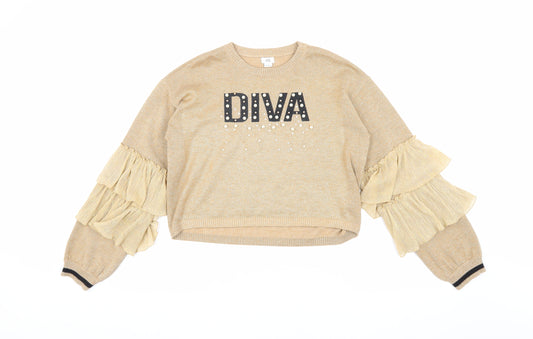 River Island Girls Beige Pullover Jumper 11-12 Years with Ruffles