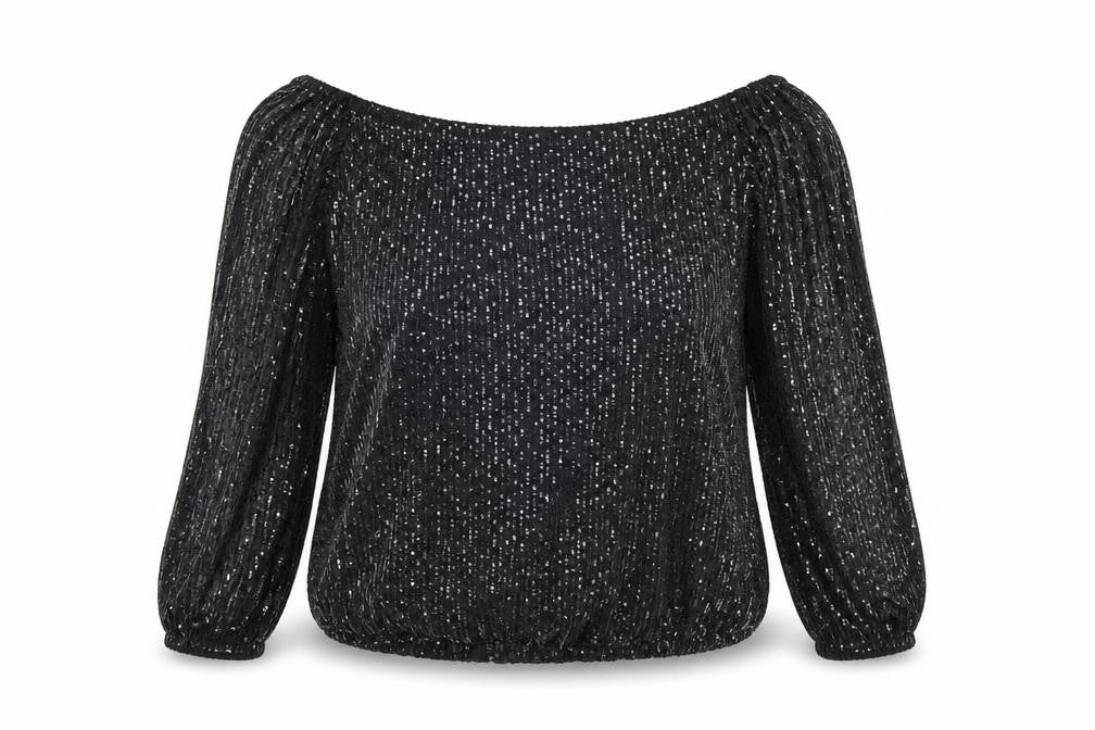 Front view of QED London Women's Black Sequin Off Shoulder Blouse