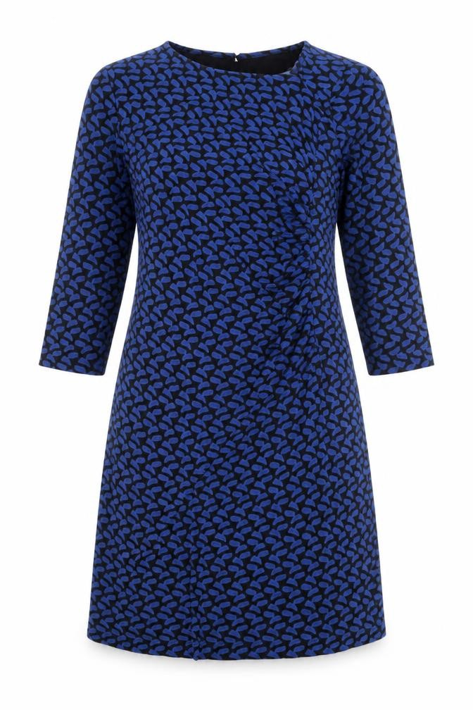 Front view of Adini Women's Blue Geometric M Dress, 3/4 Sleeve
