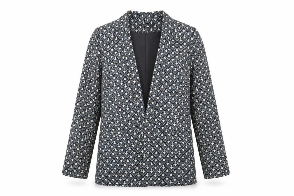 Front view of Warehouse Women's Blue Geometric Suit Jacket, size 10