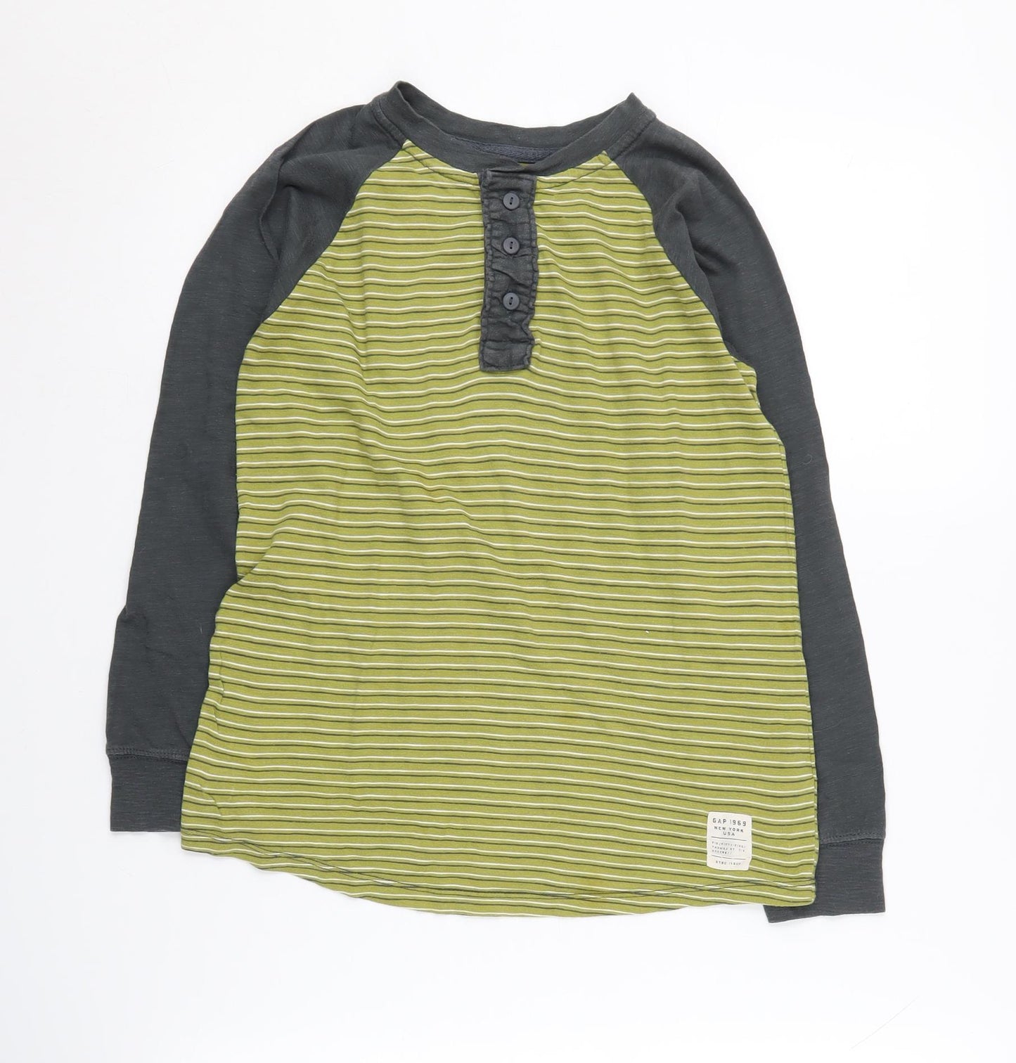 Gap Kids Boys Green Striped Long Sleeve Henley T-Shirt, Size 8-9