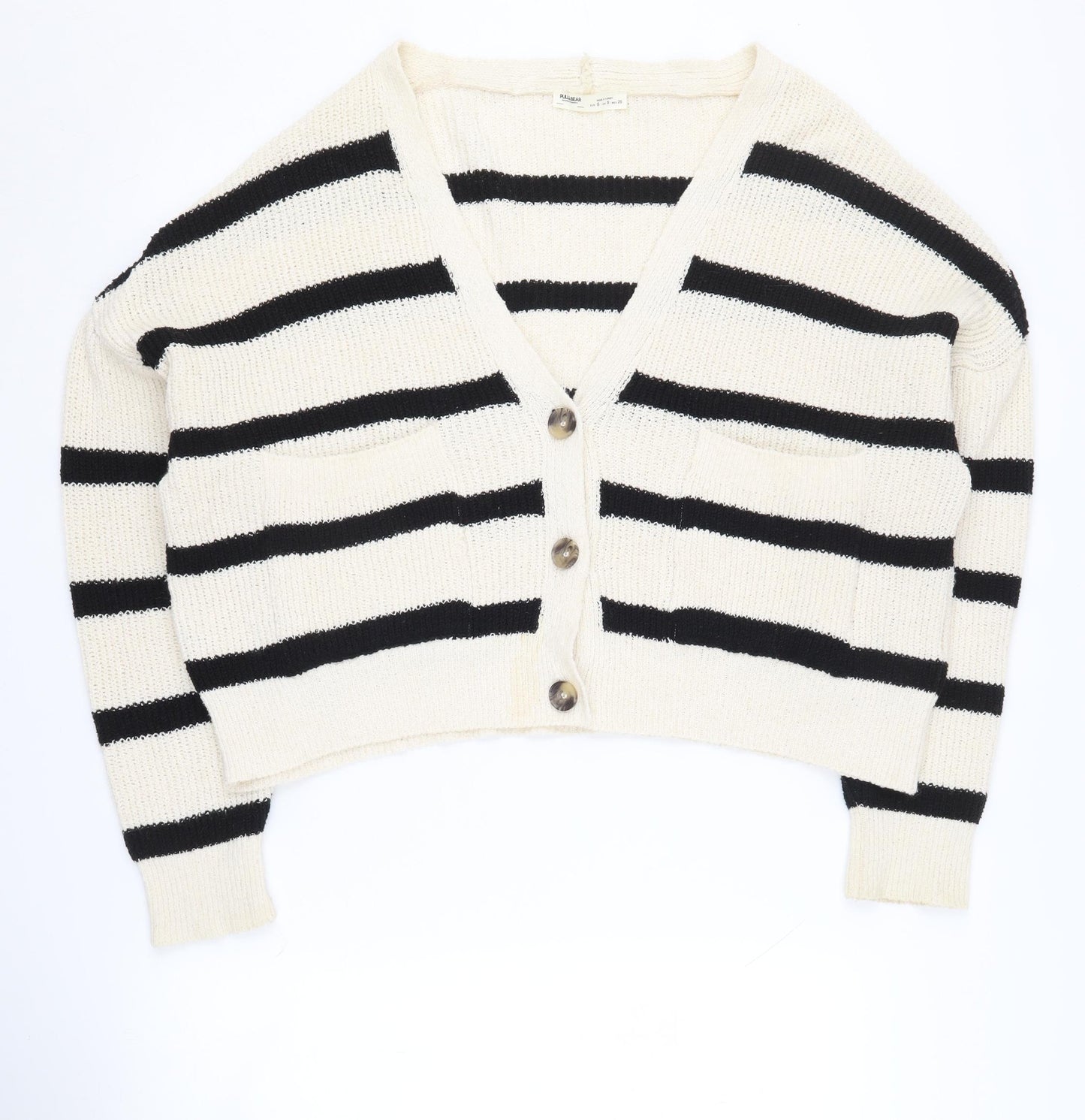 Pull&Bear Women's Ivory S V-Neck Striped Cardigan