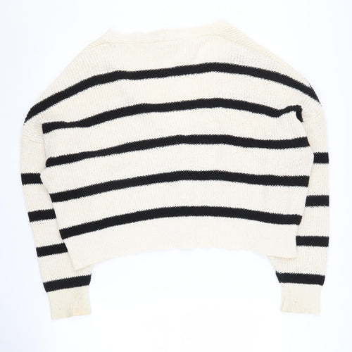 Pull&Bear Women's Ivory S V-Neck Striped Cardigan