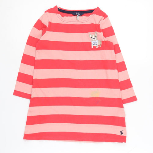 Joules Girls Striped Cotton Dress Pink Red Long Sleeve Size 6Y