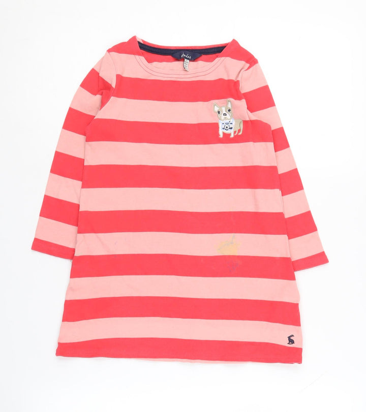 Joules Girls Striped Cotton Dress Pink Red Long Sleeve Size 6Y