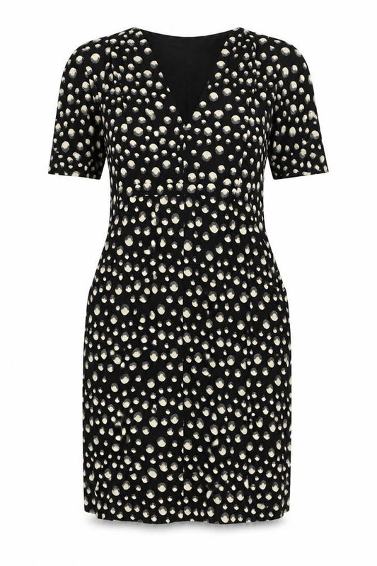 Front view of Whistles Women's Black Polka Dot V-Neck Dress, size 10
