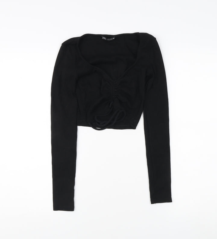 Zara Women's Black Cropped Blouse, Size S, Long Sleeve